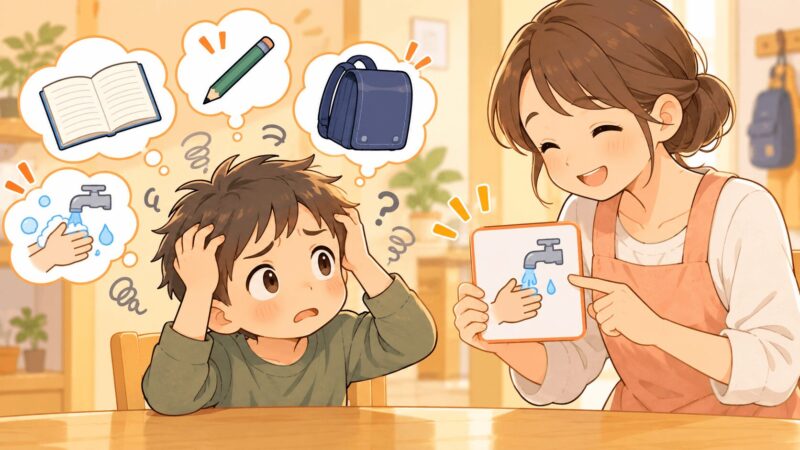 複数の指示で混乱する子に一つずつ見える化して伝えているイラスト