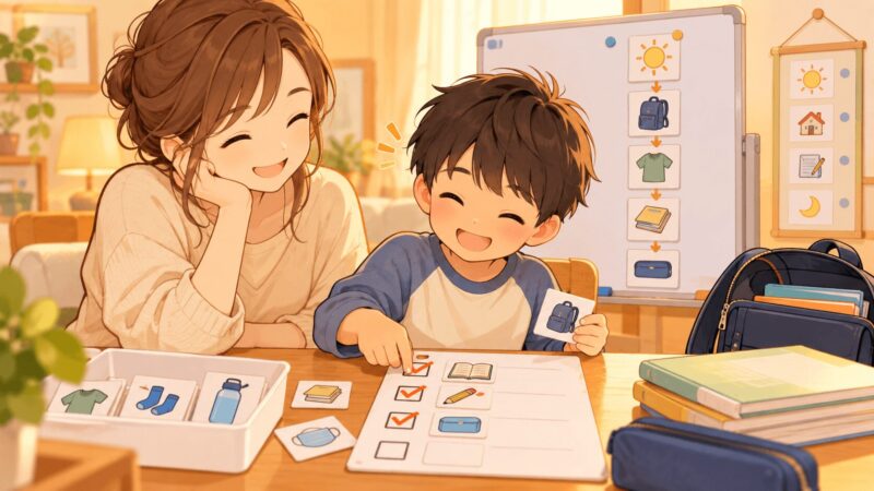 ワーキングメモリが苦手な子に家庭でチェックリストや絵カードを使って支援するイラスト