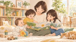 0歳の赤ちゃんから小学生まで親子で読み聞かせを楽しむイラスト