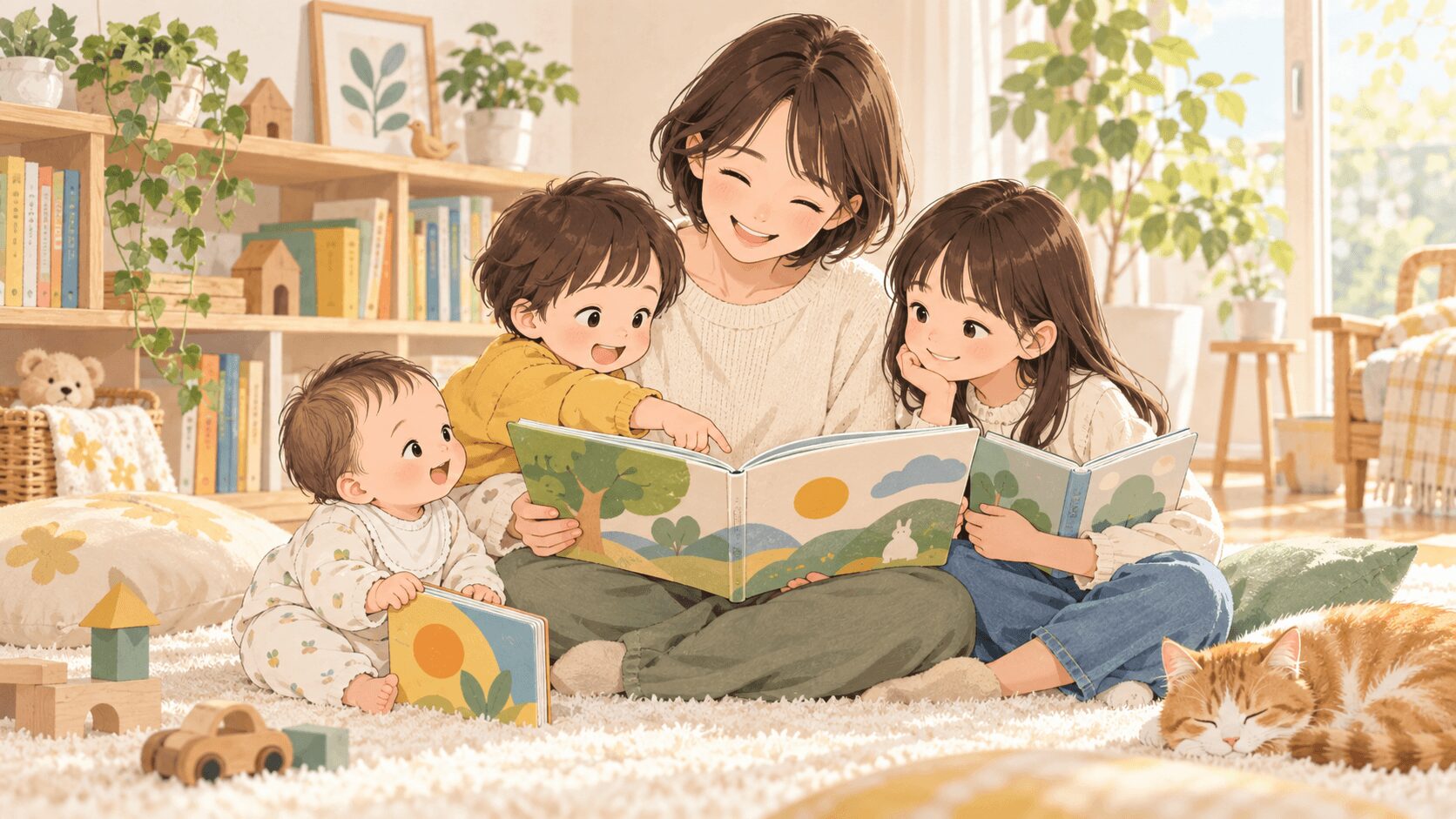 0歳の赤ちゃんから小学生まで親子で読み聞かせを楽しむイラスト