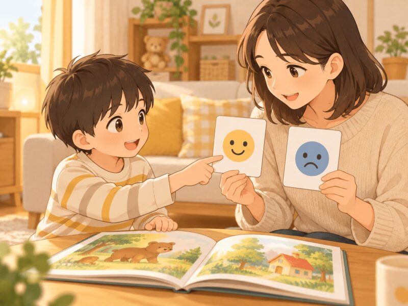 絵本を見ながら二つの選択肢から気持ちを選ぶ子どものイラスト