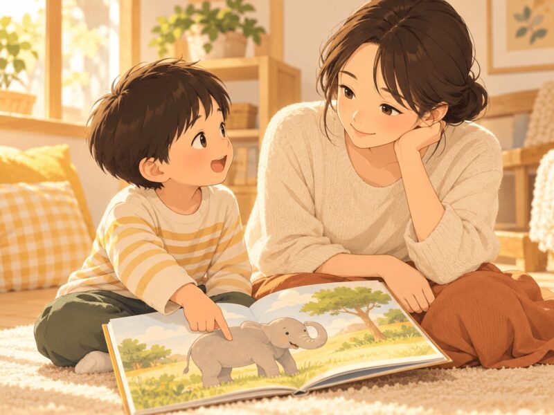絵本の絵を指差して自分から話す子どもと保護者のイラスト