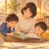 親子が無理のない時間で絵本の読み聞かせを楽しむイラスト
