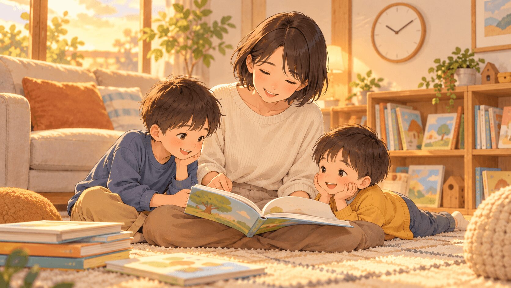 親子が無理のない時間で絵本の読み聞かせを楽しむイラスト