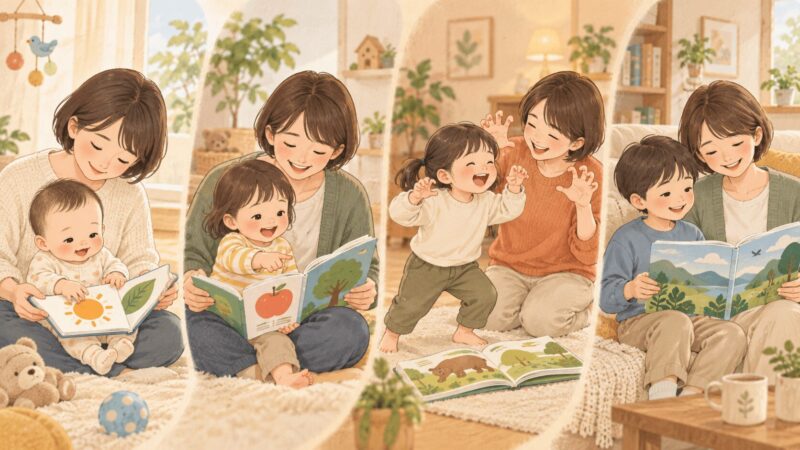 赤ちゃん・幼児・小学生の年齢別の読み聞かせの楽しみ方を表すイラスト