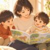 絵本を見ながら子どもの話に耳を傾ける保護者のイラスト