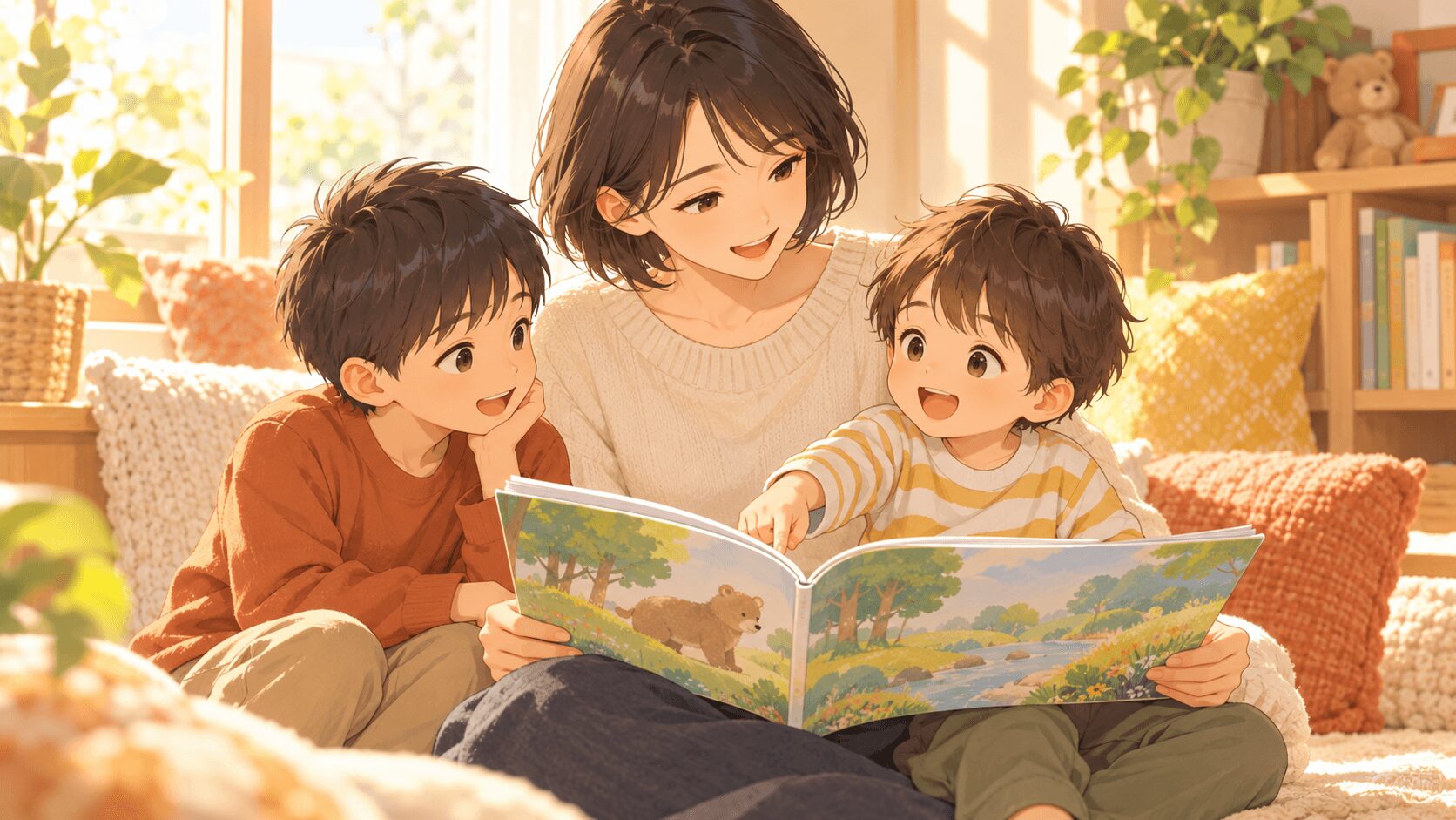 絵本を見ながら子どもの話に耳を傾ける保護者のイラスト