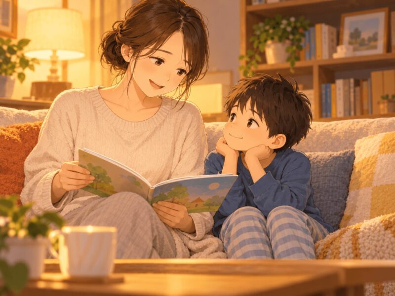 疲れた日に短い絵本を一冊だけ親子で楽しむイラスト