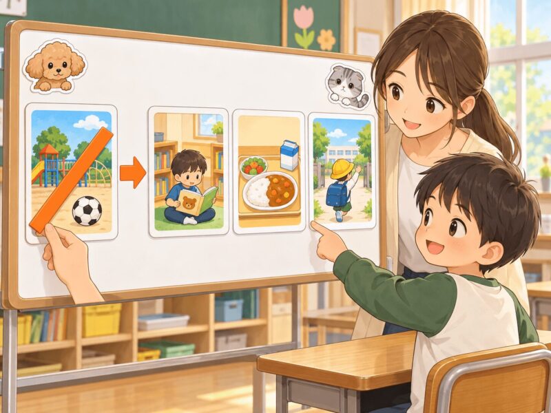 外遊びを読書へ変更し、給食と下校は変わらないことを予定表で確認する視覚支援イラスト