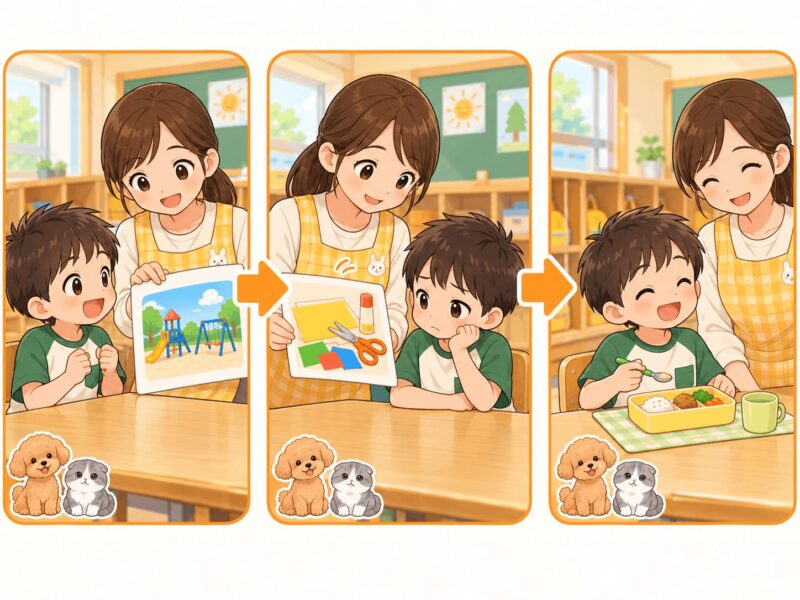 外遊びから室内活動へ予定を変更し、その後はいつもの流れへ戻ることを示すイラスト