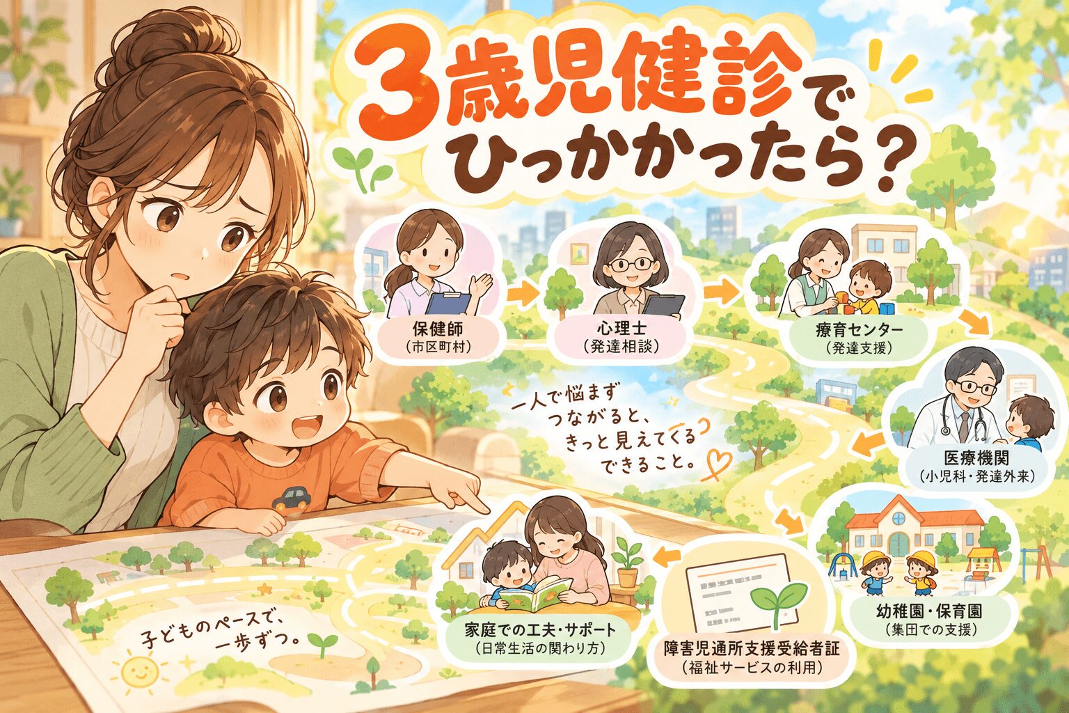3歳児健診でひっかかった後に保健師・心理士・療育センターへ相談する流れを示したイラスト