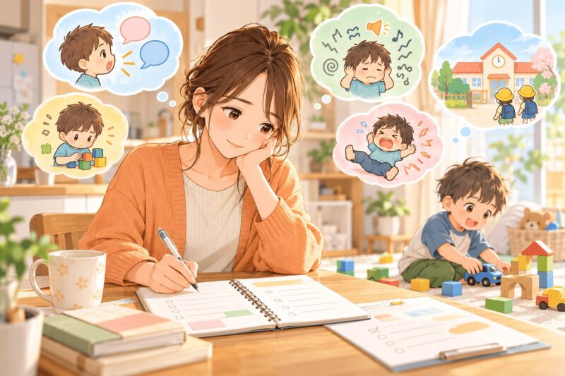 3歳児健診で発達を指摘された後に家庭で困りごとメモを作る母親のイラスト