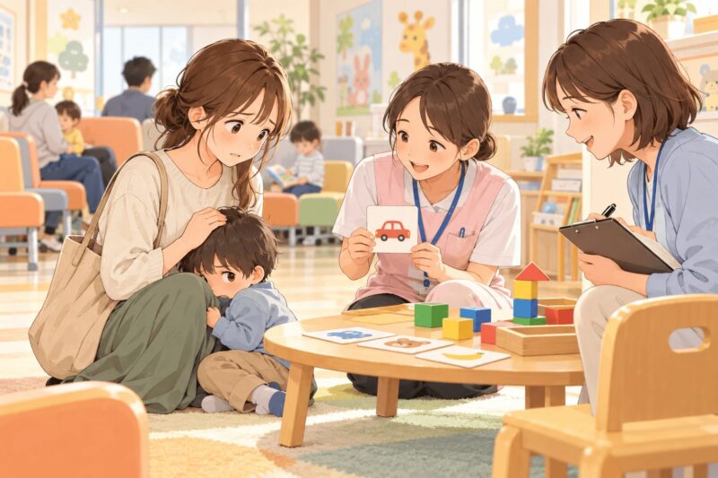 3歳児健診で泣いたり隠れたりする子どもと保健師・心理士に相談する母親のイラスト