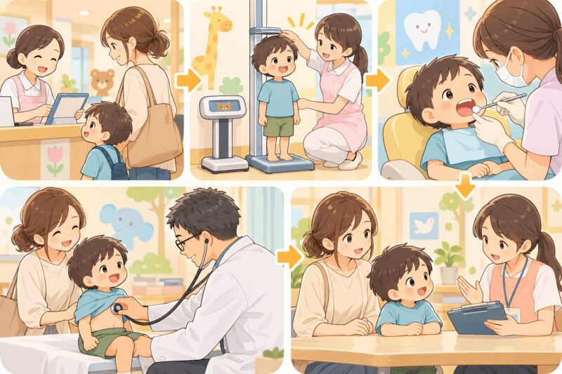 3歳児健診の受付・身体測定・歯科検診・医師診察・保健師面談の流れを表したイラスト