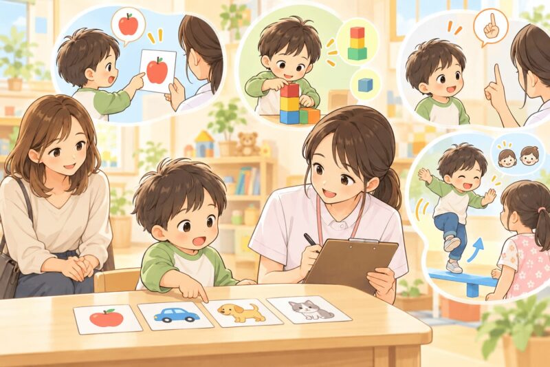 3歳児健診で言葉・指示理解・積み木・運動・社会性を確認する様子のイラスト