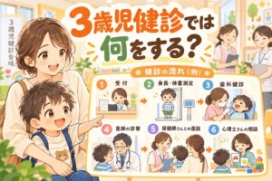 3歳児健診では何をするのか内容と流れを親子で確認するイラスト