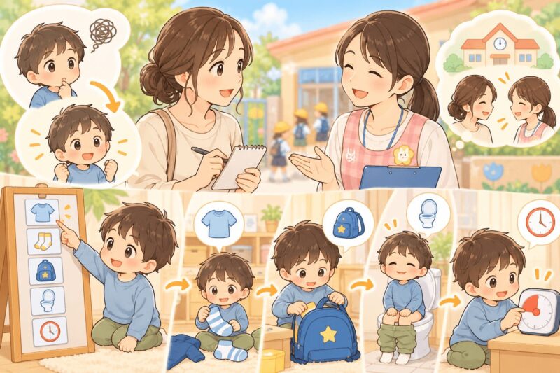 発達を指摘された後に園へ共有し家庭で視覚支援カードを使う親子のイラスト