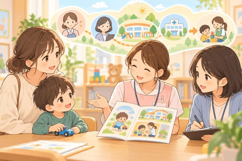 3歳児健診後に保健師や心理士へ相談し療育センターにつながる親子のイラスト