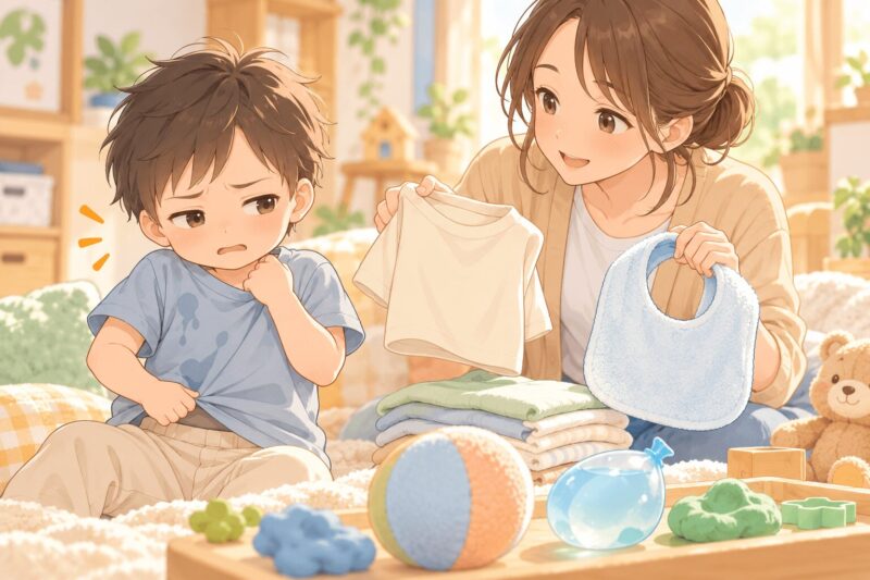 服の汚れや肌ざわりを嫌がる触覚過敏のある3歳の子どもと対応する母親のイラスト