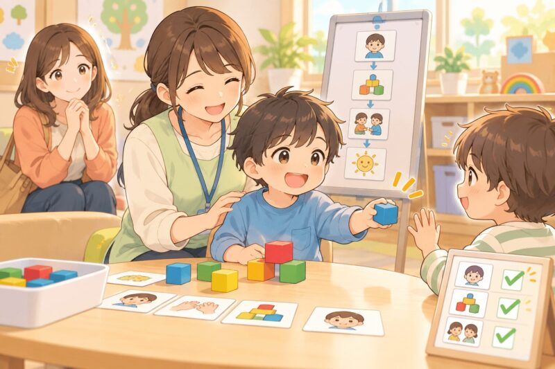 療育で絵カードやブロックを使い友達とのやりとりを練習する子どものイラスト