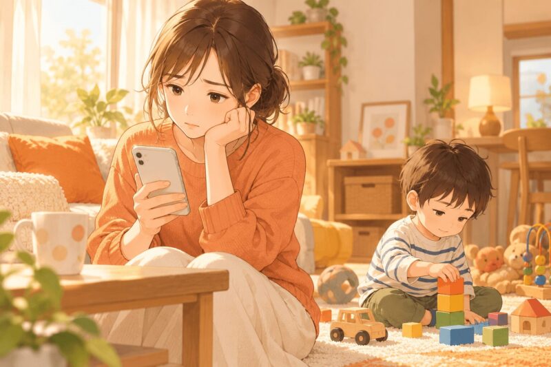 発達クリニックを受診する前にスマホで調べながら不安を感じている母親のイラスト