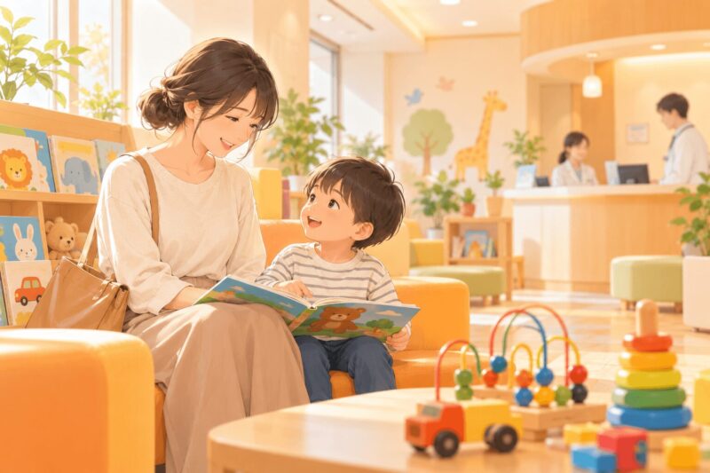 発達クリニックの明るい待合室で親子が安心して過ごしているイラスト