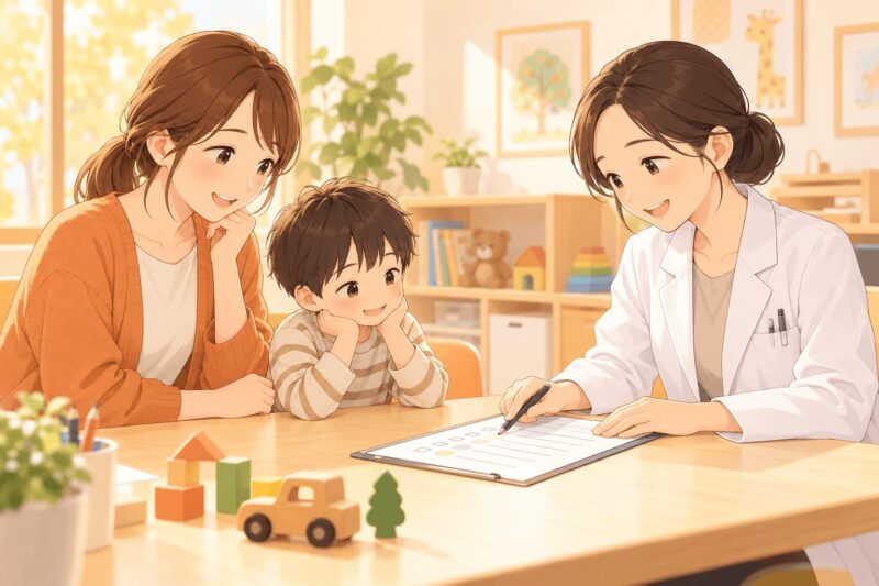 発達クリニックで母親が先生に子どもの困りごとを相談しているイラスト
