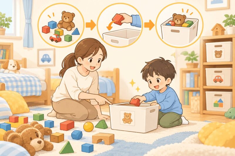 ADHDの子どもに短く具体的な指示で片づけを伝える家庭サポートのイラスト