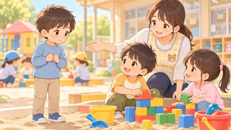 年中の男の子が友達の遊びに入りたいけれど戸惑っている様子を先生が見守るイラスト