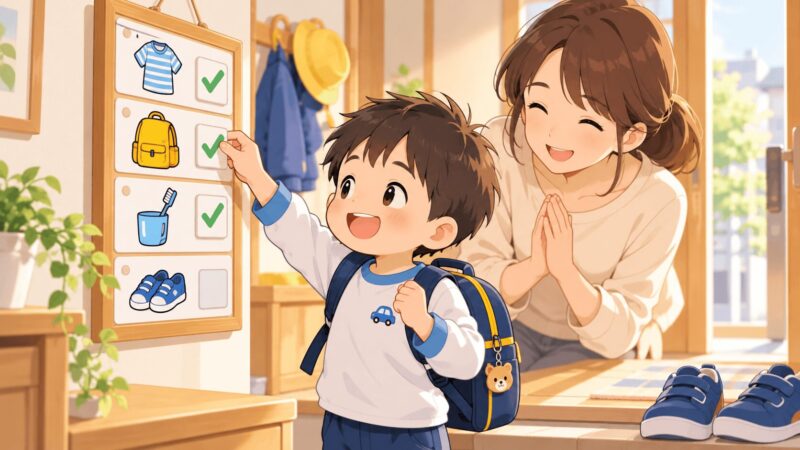 年中の男の子が朝の支度を絵カードのチェックリストで進めるイラスト