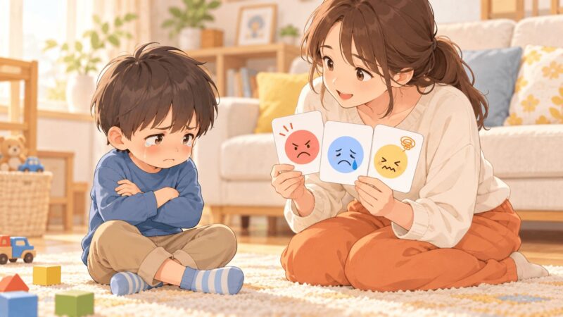age4-tantrum-emotion-support.png	4歳の男の子の癇癪や強い気持ちを母親が感情カードで受け止めるイラスト