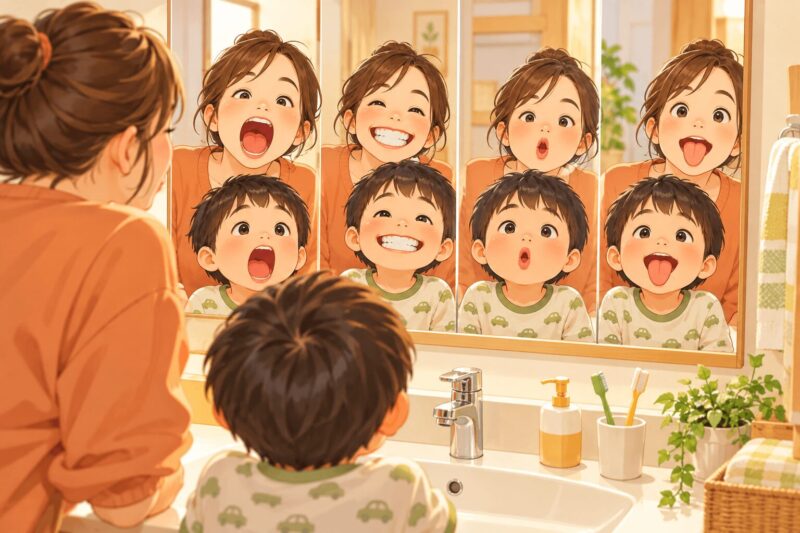 男の子が洗面所の鏡で母親とあいうべ体操をするイラスト