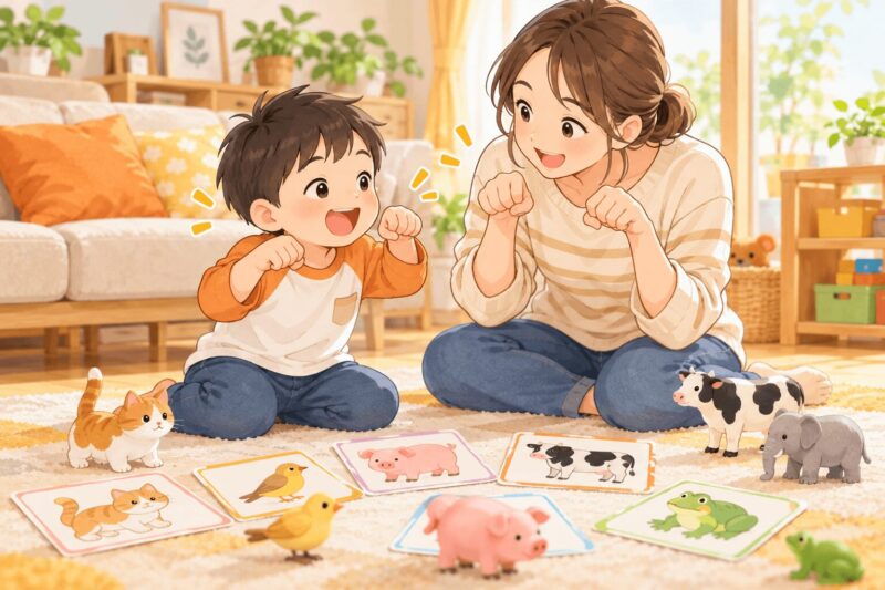 animal-sound-mouth-imitation-play.png	男の子が母親と動物の鳴き声やしぐさをまねして発語を促すイラスト