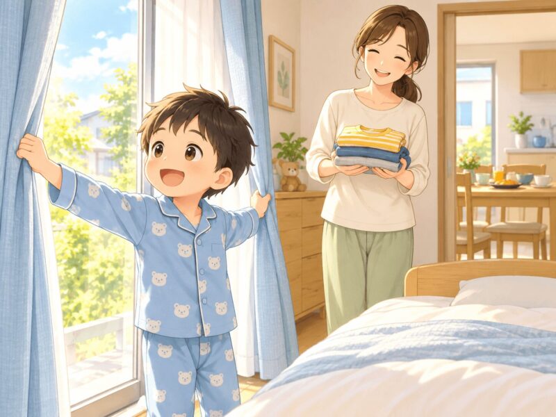朝起きてカーテンを開ける幼児と見守る母親