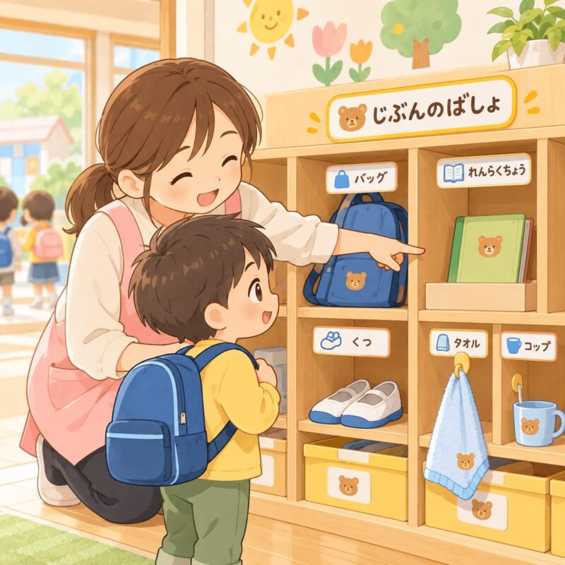 園で棚や靴箱に目印をつけて登園準備を支援する先生と子どものイラスト