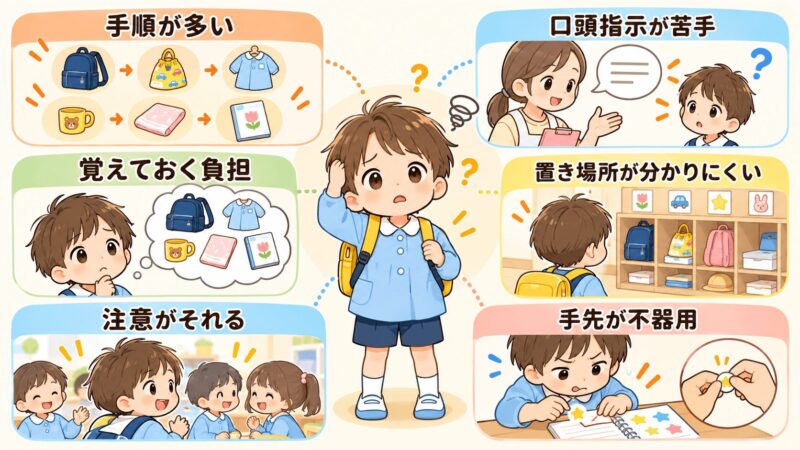 発達障害の子どもが登園準備でつまずく理由を6つに整理した図解イラスト