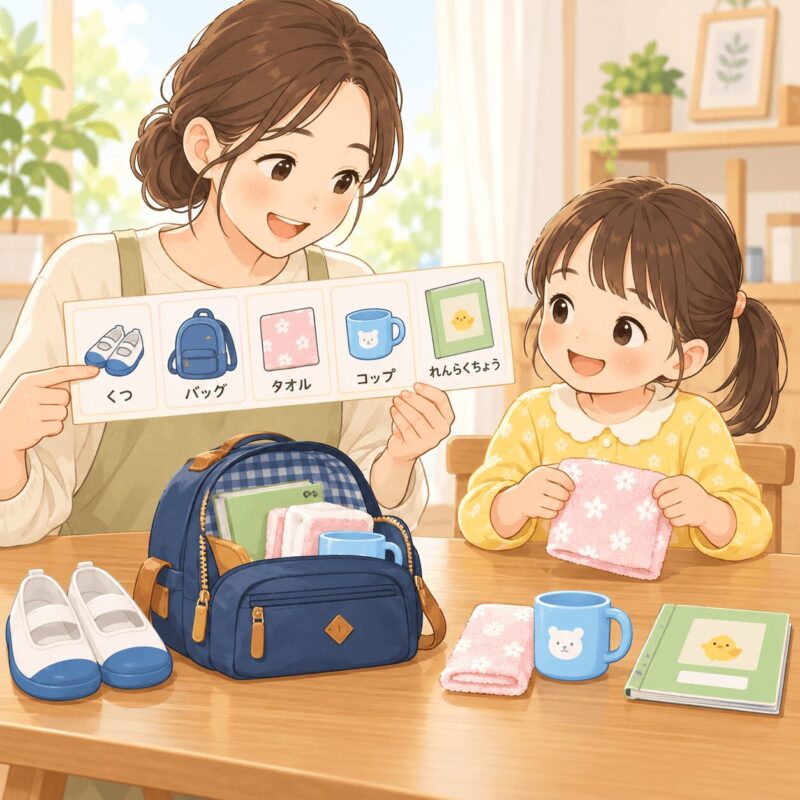 家庭で登園準備の手順を写真カードやチェックリストで見える化する親子のイラスト