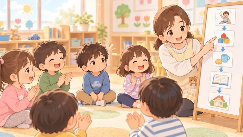 友達との距離感や力加減が難しい4歳の子どもを先生がやさしく支援するイラスト