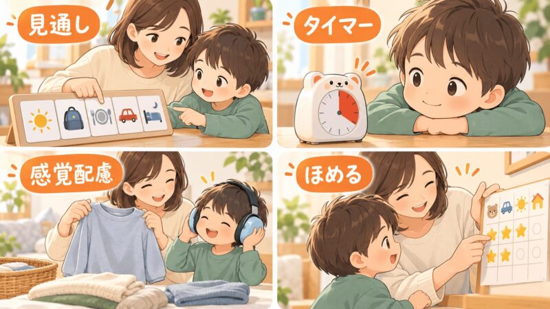 ASDの子どもを家庭で支える視覚支援・タイマー・感覚配慮・成功体験のイラスト