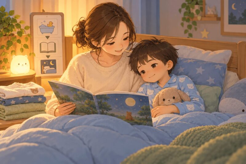 就寝前に絵本を読みながらクールダウンする親子のイラスト