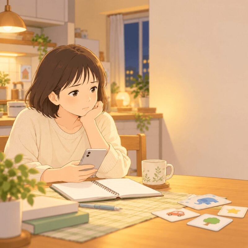 発達障害育児の悩みを夜に調べる母親のイラスト