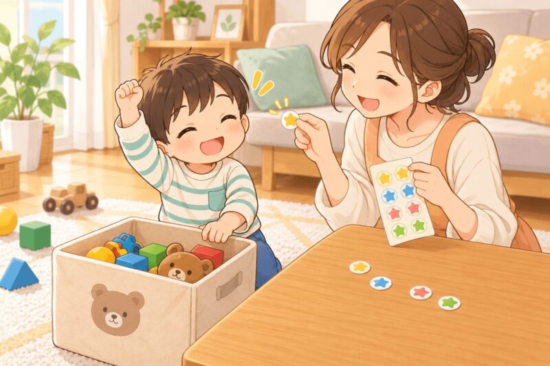 ABAの考え方でできた行動をほめてごほうびシールを渡す親子のイラスト