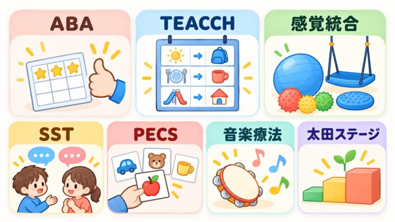 ASDの療育法をABA・TEACCH・感覚統合・SST・PECS・音楽療法・太田ステージで比較した図解イラスト