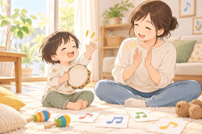 音楽療法として親子でリズム遊びや歌を楽しむイラスト
