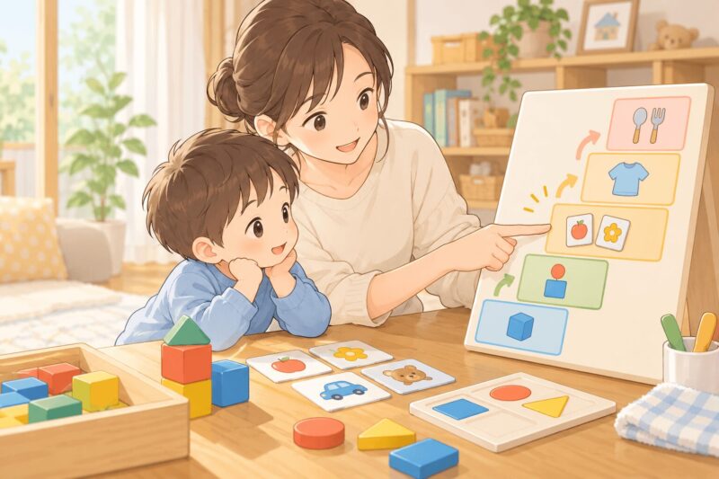 太田ステージの考え方で発達段階に合う課題を選ぶ親子のイラスト