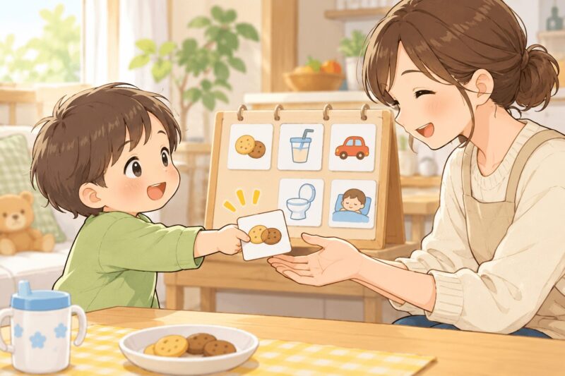 PECSで子どもが絵カードを渡して気持ちや要求を伝えるイラスト