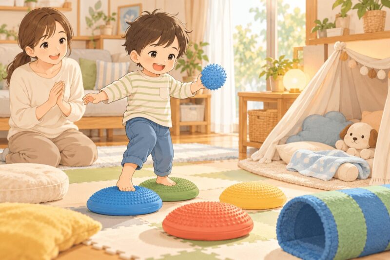 感覚統合遊びでバランス感覚や触覚を育てる子どものイラスト