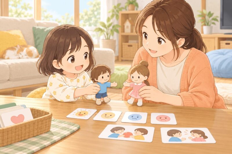 SSTで人との関わり方を人形遊びやカードで練習する親子のイラスト