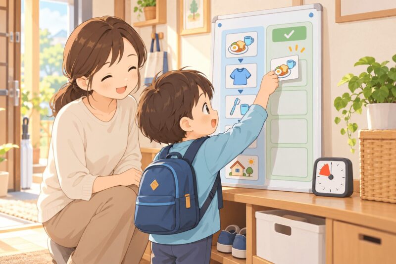 TEACCHの視覚スケジュールで朝の準備に見通しを作る親子のイラスト