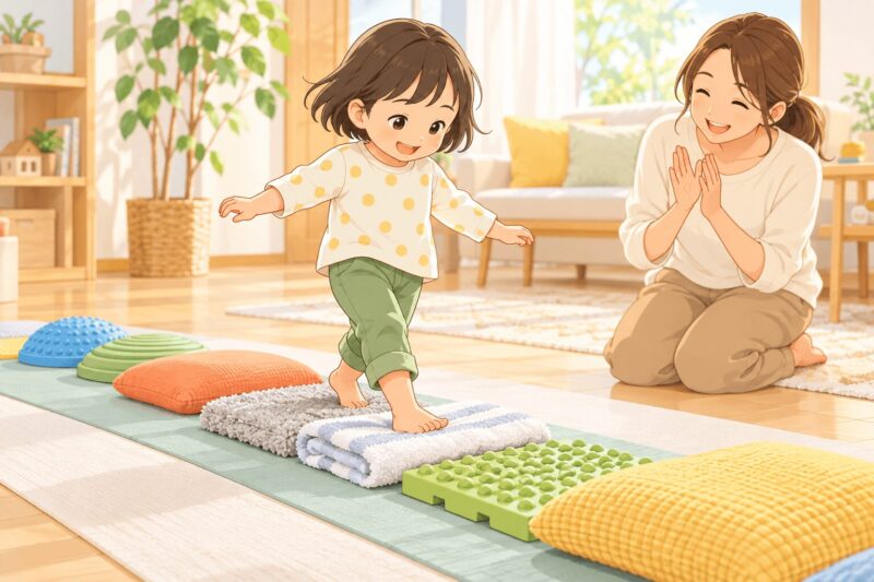タオルやクッションのでこぼこ道を歩いて足裏感覚を育てる子どものイラスト